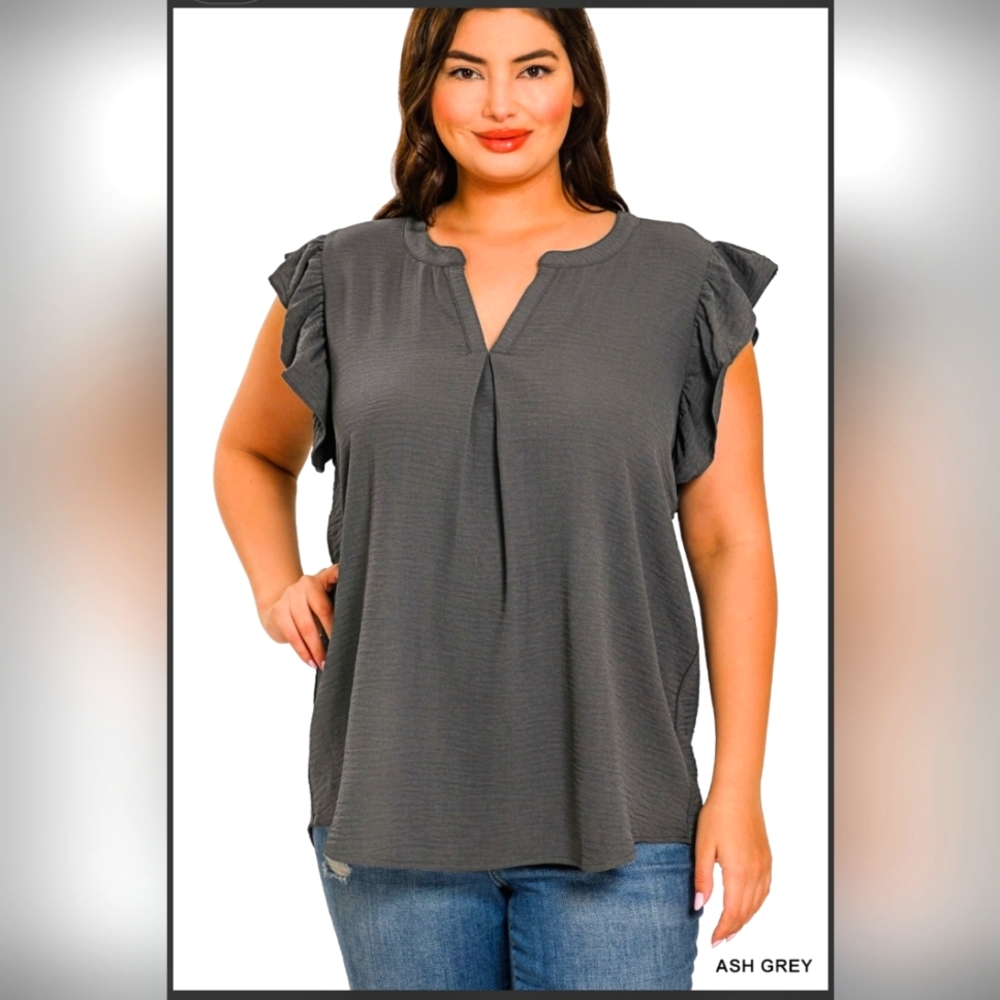 PLUS WOVEN AIRFLOW RUFFLED SLEEVE HIGH-LOW TOP
